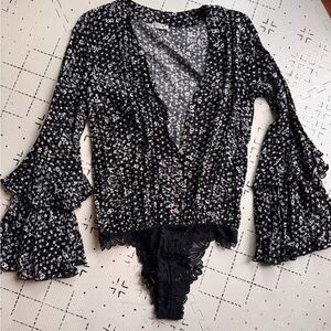 Free People Intimately Black Floral Button-Front bodysuit
